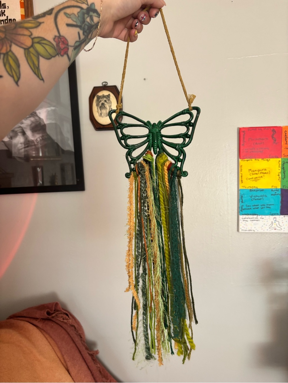 Handmade Green Butterfly Wall Hanging with Green and Yellow Tassels